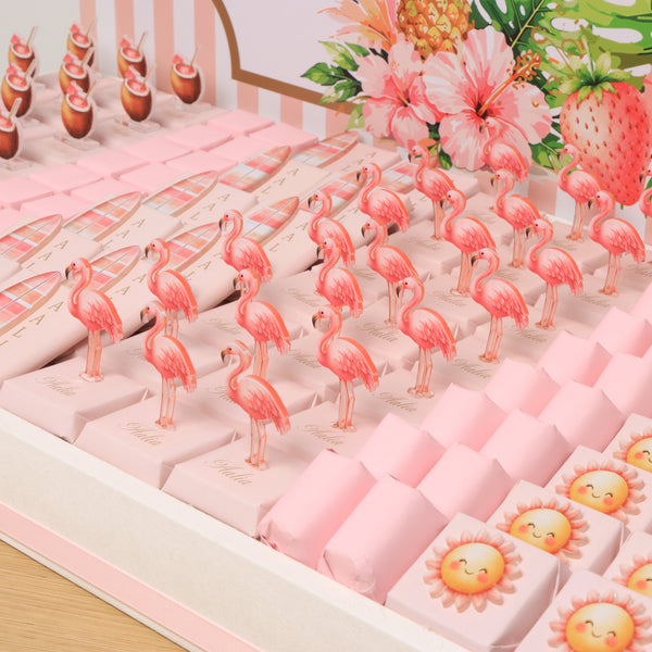 Baby girl flamingo theme with acrylic backdrop premium chocolate large leather tray