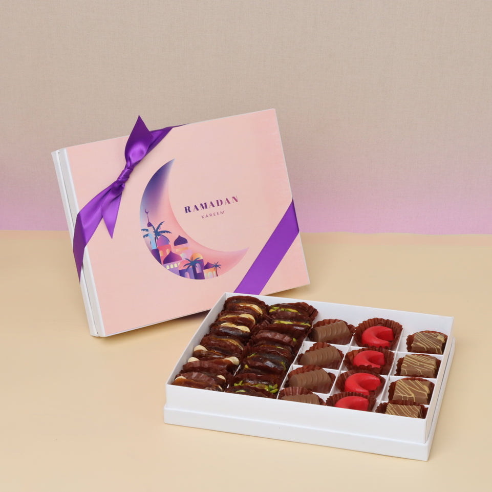 Ramadan kareem crescent designed chocolate & dates 20-piece hard box