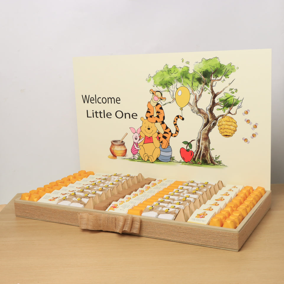 Baby boy pooh themed designed premium chocolate large leather tray with acrylic backdrop