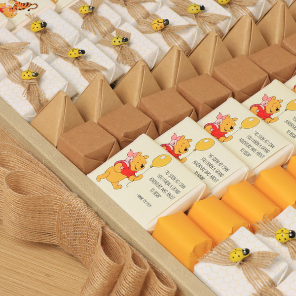 Baby boy pooh themed designed premium chocolate large leather tray with acrylic backdrop