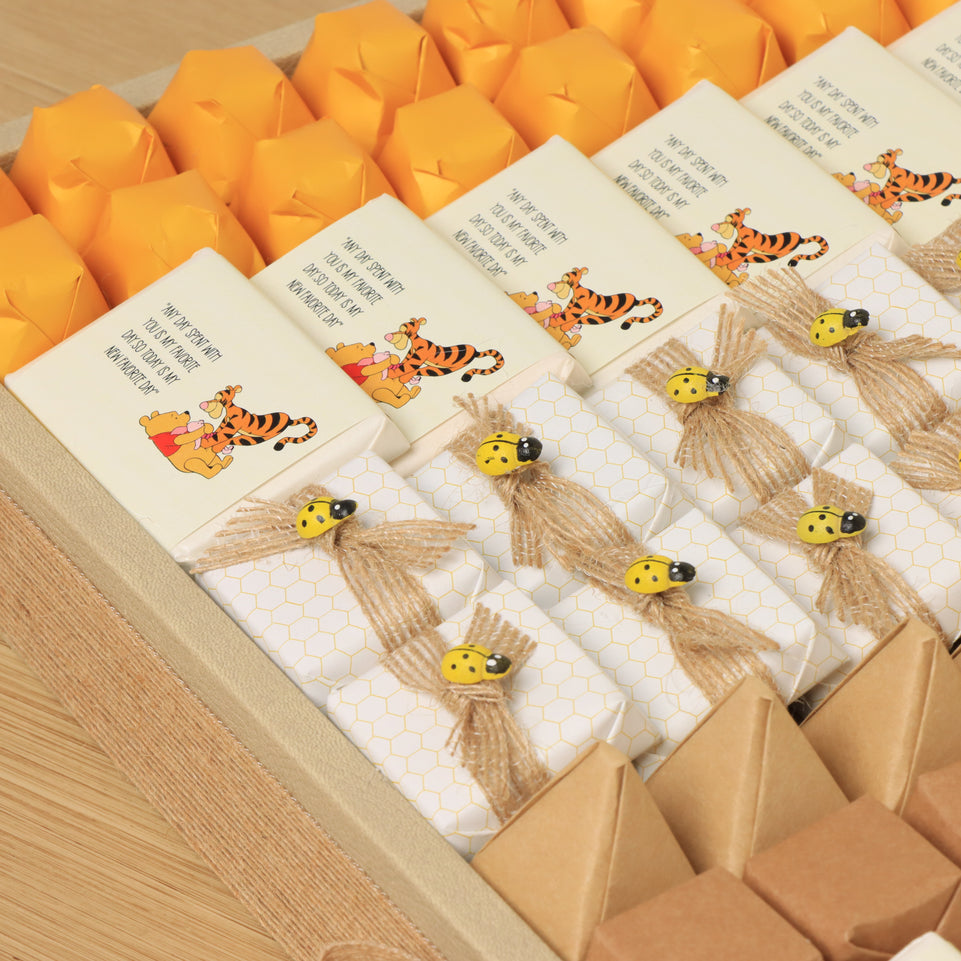 Baby boy pooh themed designed premium chocolate large leather tray with acrylic backdrop