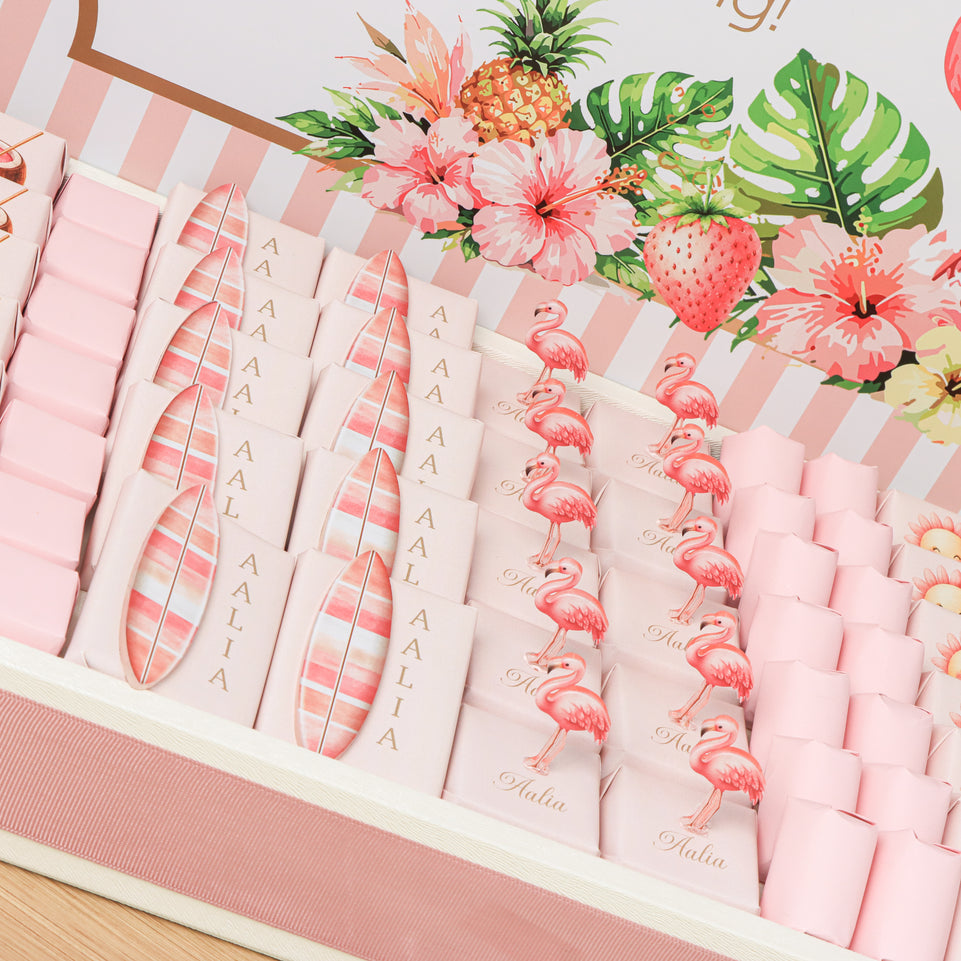 Baby girl flamingo theme with acrylic backdrop premium chocolate medium leather tray