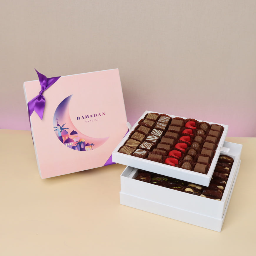 Ramadan kareem crescent designed chocolate & dates 2-layer hard box