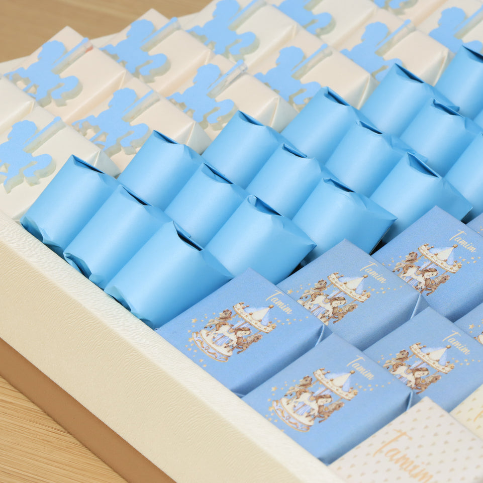Baby boy carousel themed design premium chocolate large leather tray with acrylic backdrop