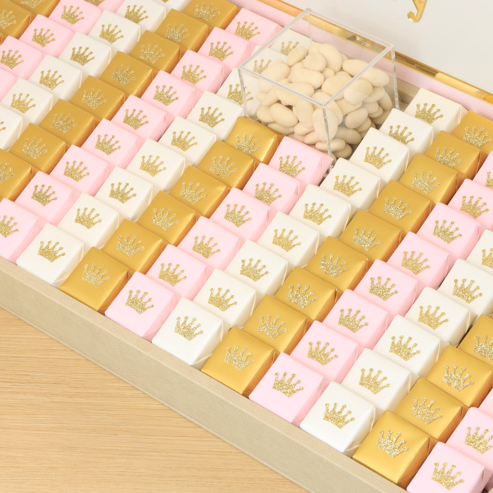 Baby girl crown decorated premium chocolate large leather tray with acrylic backdrop