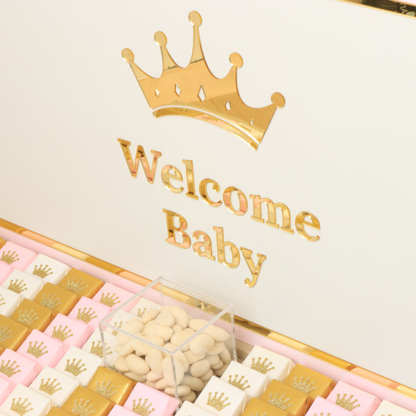 Baby girl crown decorated premium chocolate large leather tray with acrylic backdrop