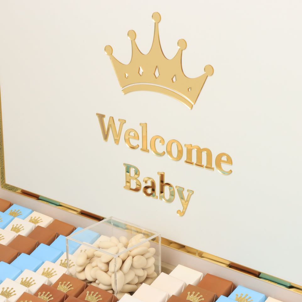 Baby boy crown decorated premium chocolate large leather tray with acrylic backdrop