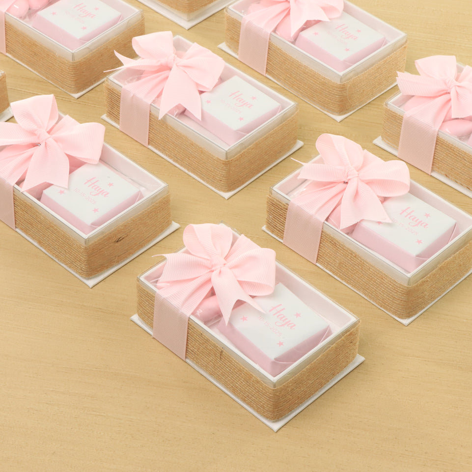 Set of 20 Baby girl personalized premium chocolate & almond dragees view top box