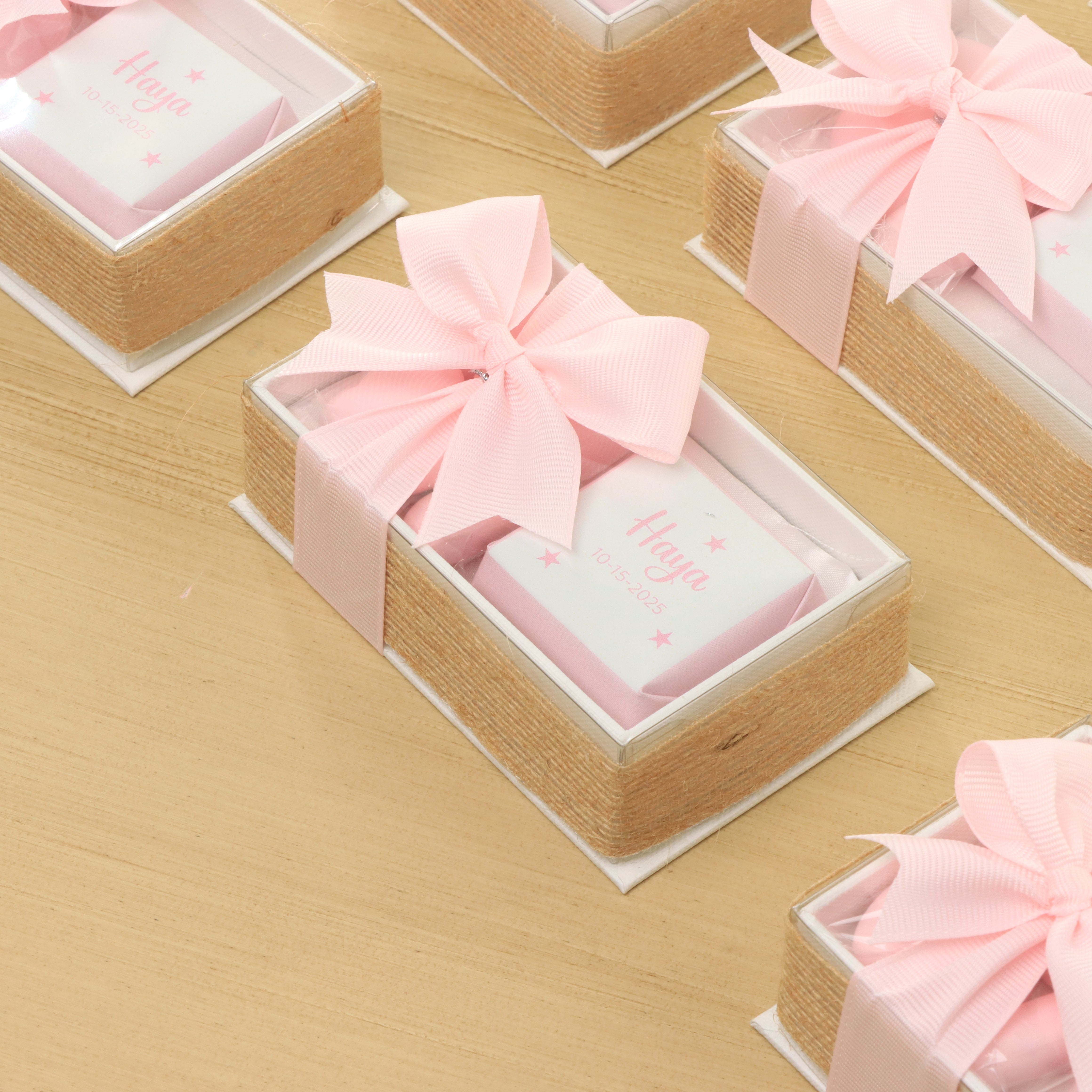 Set of 20 Baby girl personalized premium chocolate & almond dragees view top box