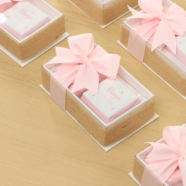 Set of 20 Baby girl personalized premium chocolate & almond dragees view top box