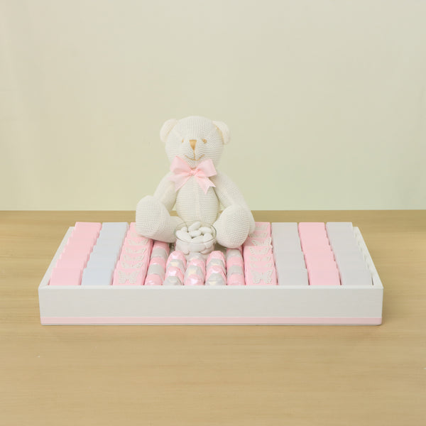 Baby girl butterfly decorated chocolate & teddy plush toy medium leather tray