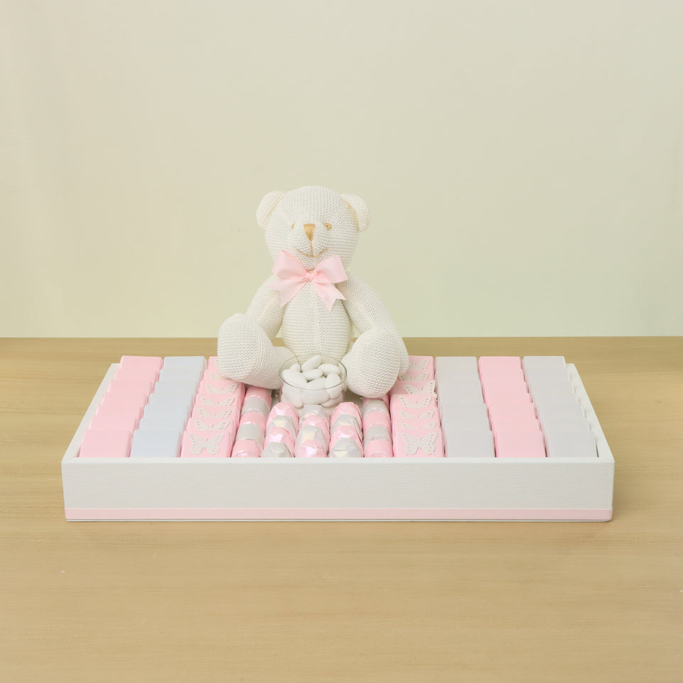 Baby girl butterfly decorated chocolate & teddy plush toy medium leather tray