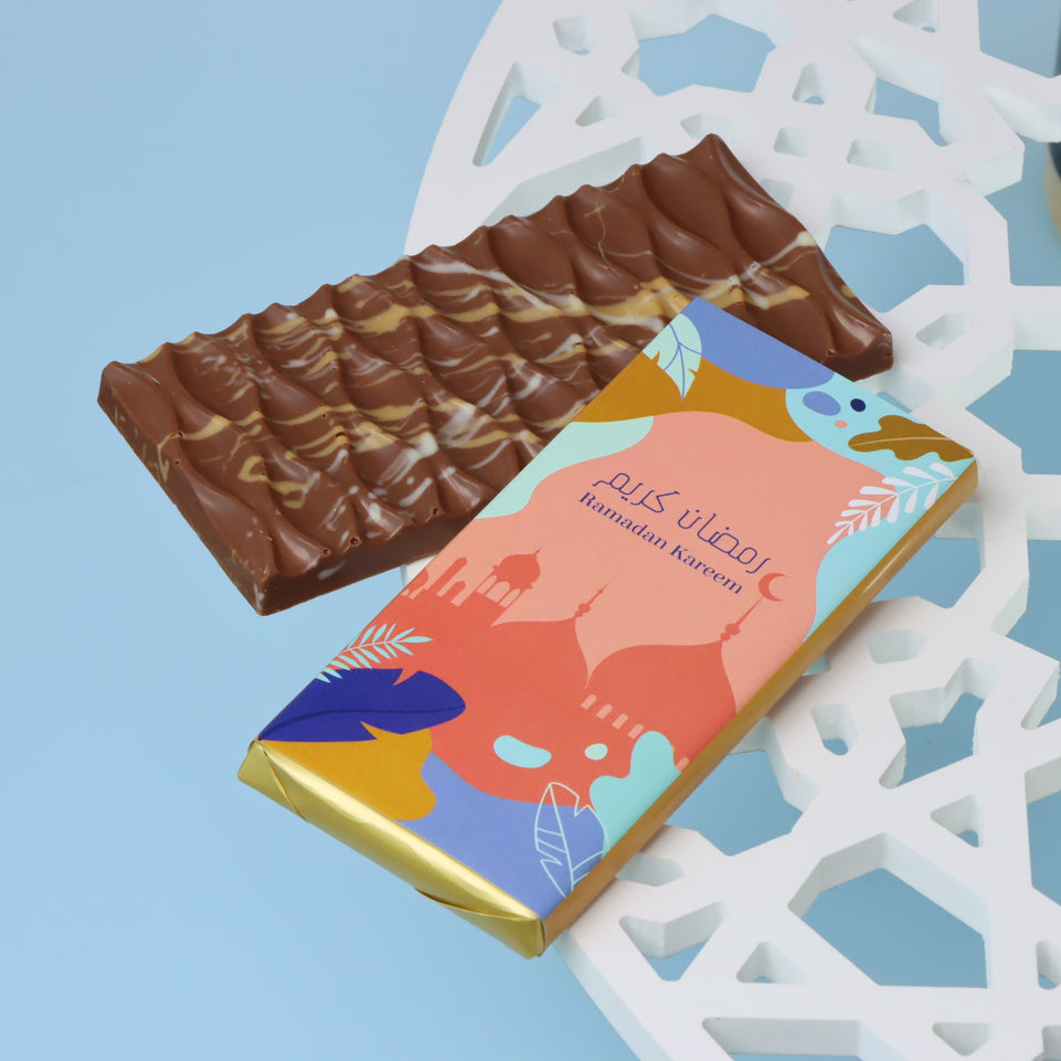 Ramadan mosque designed block premium knafeh pistachio milk chocolate giveaway