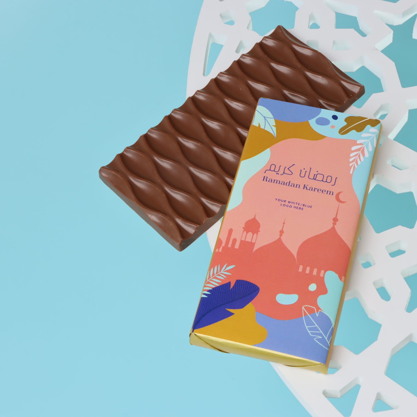 Corporate branded ramadan mosque designed premium milk chocolate bar giveaway