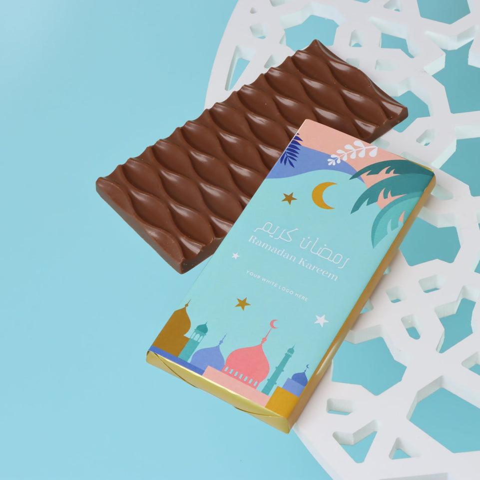 Corporate branded ramadan designed premium milk chocolate bar giveaway