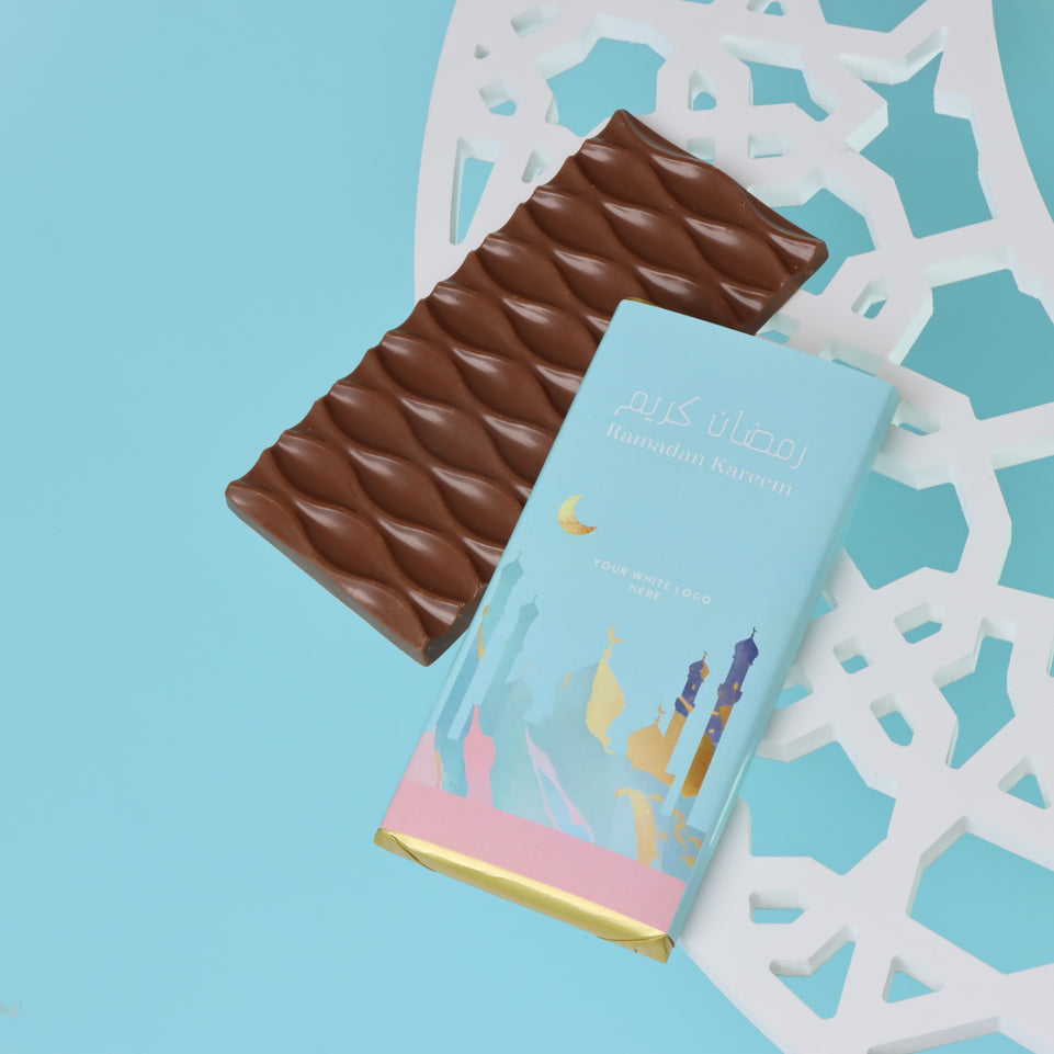 Corporate branded ramadan designed premium milk chocolate bar giveaway