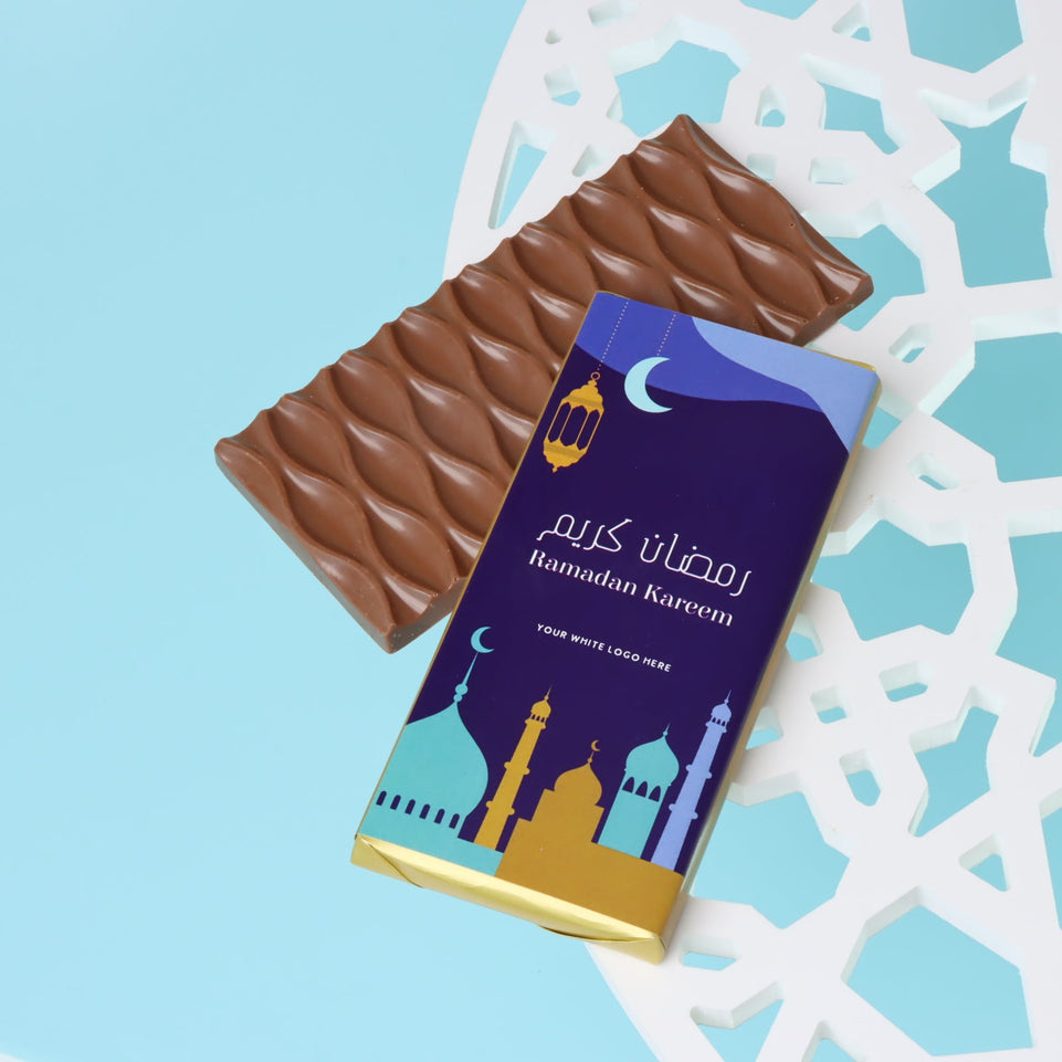 Corporate branded ramadan kareem designed premium milk chocolate bar giveaway