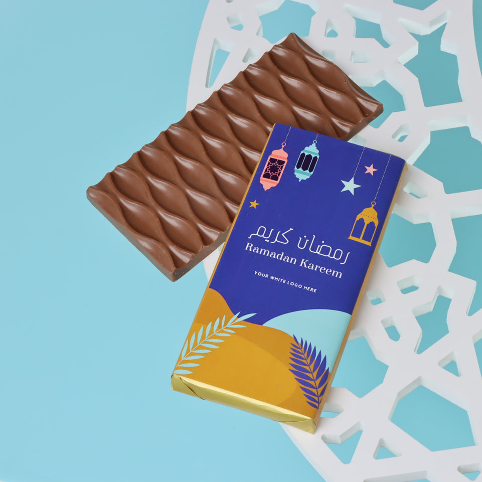 Corporate branded ramadan designed premium milk chocolate bar giveaway