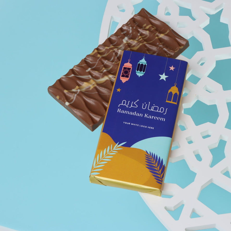 Corporate branded ramadan designed knafeh pistachio milk chocolate bar giveaway