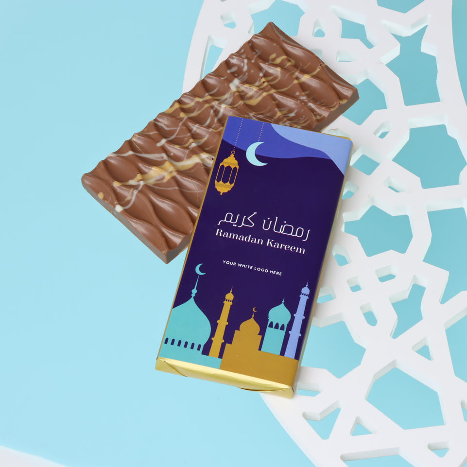 Corporate branded ramadan designed knafeh pistachio milk chocolate bar giveaway