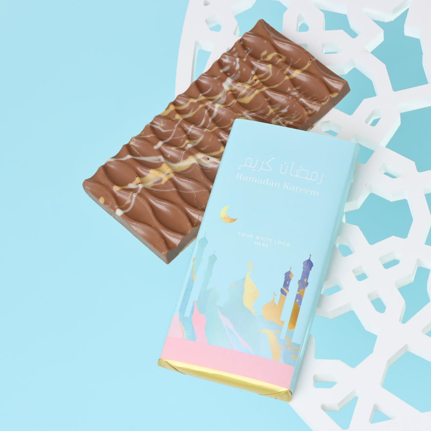 Corporate branded ramadan designed knafeh pistachio milk chocolate bar giveaway