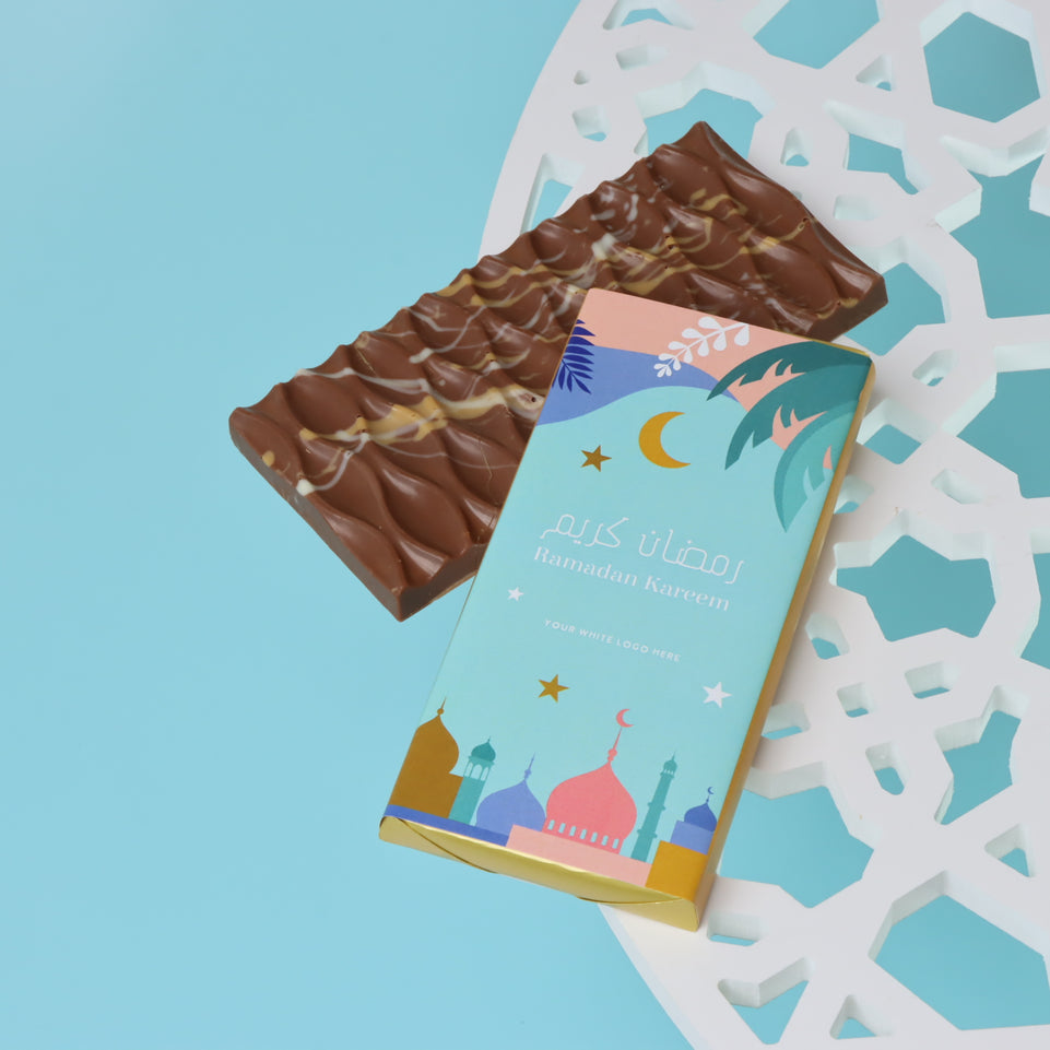 Corporate branded ramadan designed knafeh pistachio milk chocolate bar giveaway