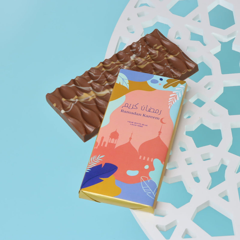Corporate branded ramadan kareem mosque designed knafeh pistachio milk chocolate bar giveaway