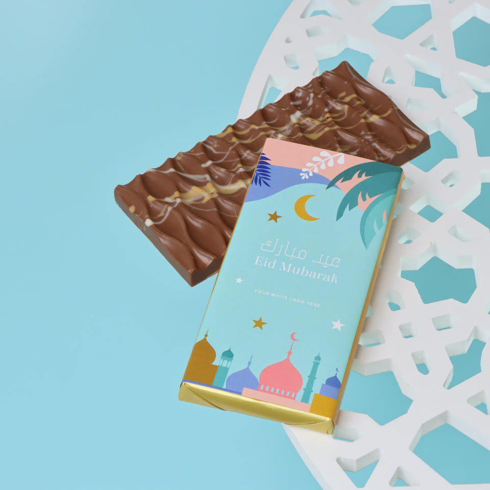 Eid mubarak designed branded knafeh pistachio milk chocolate bar giveaway