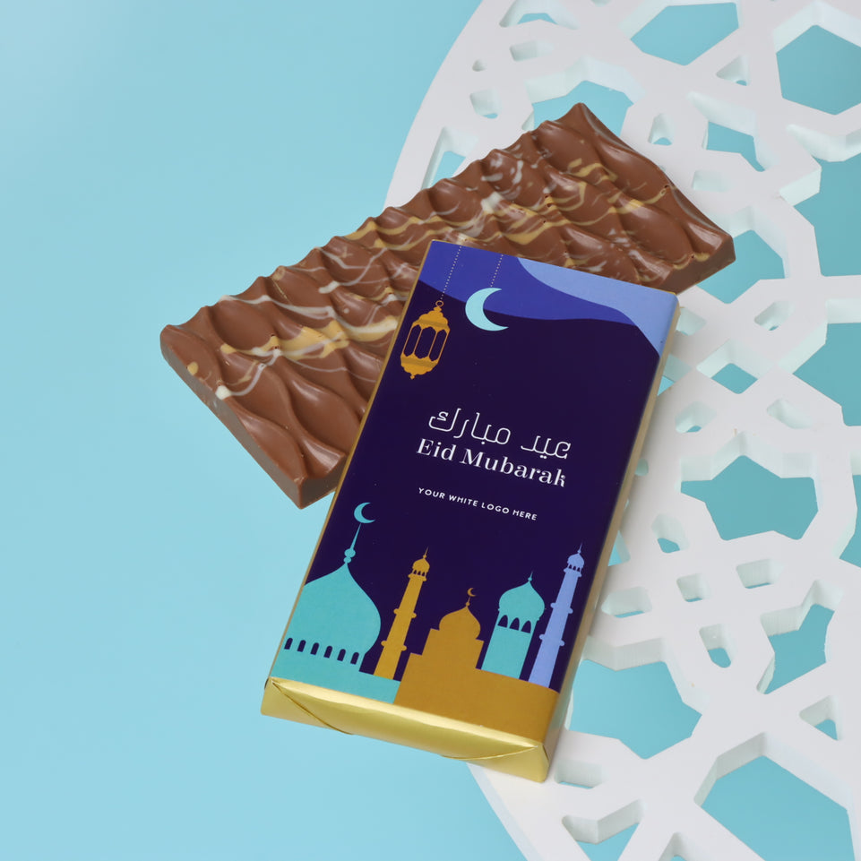 Eid mubarak designed branded knafeh pistachio milk chocolate bar giveaway