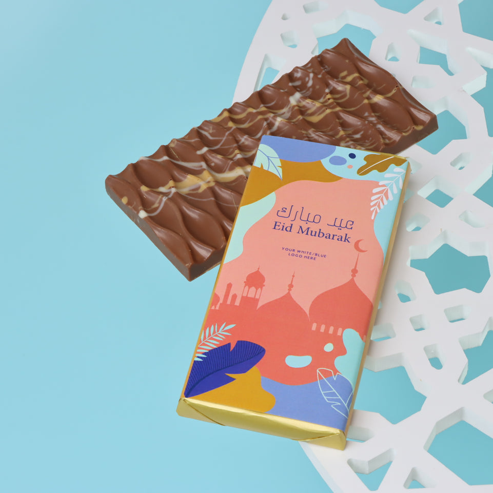 Eid mubarak designed branded knafeh pistachio milk chocolate bar giveaway