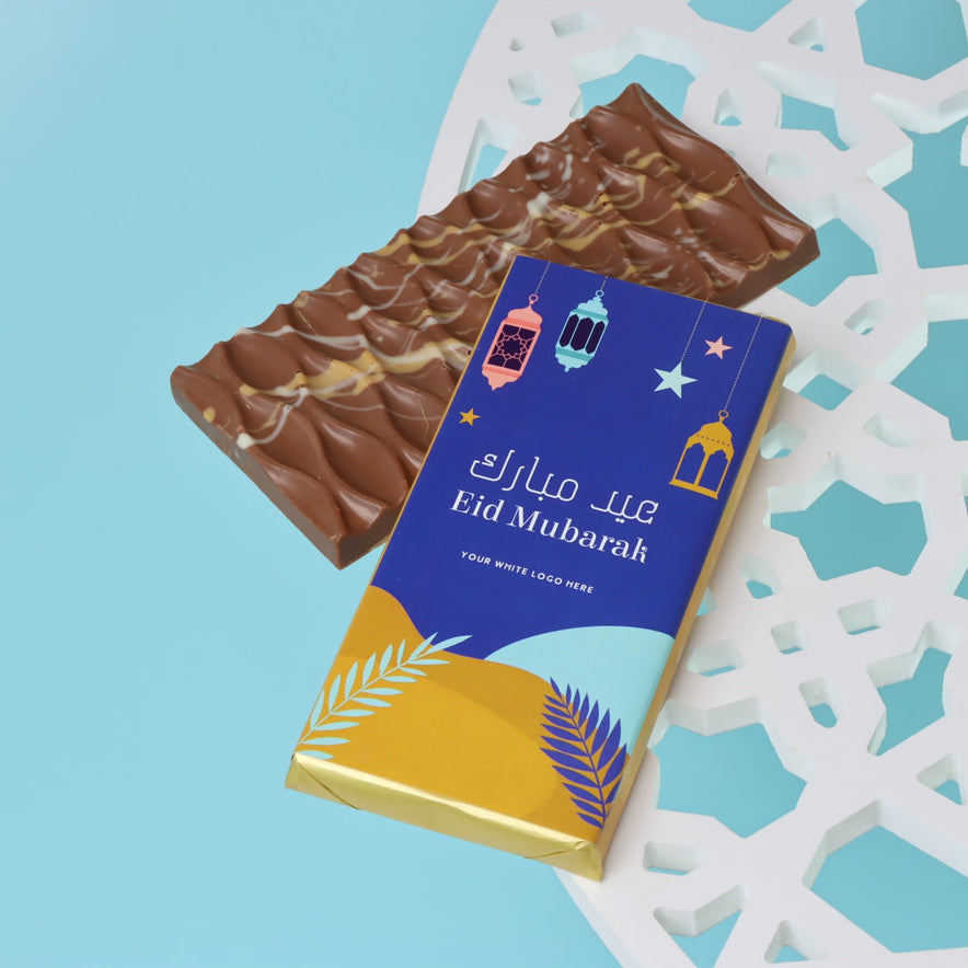 Eid mubarak designed branded knafeh pistachio milk chocolate bar giveaway