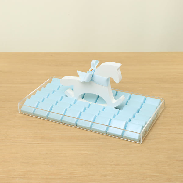 Baby boy chocolate medium acrylic tray with a wooden horse design