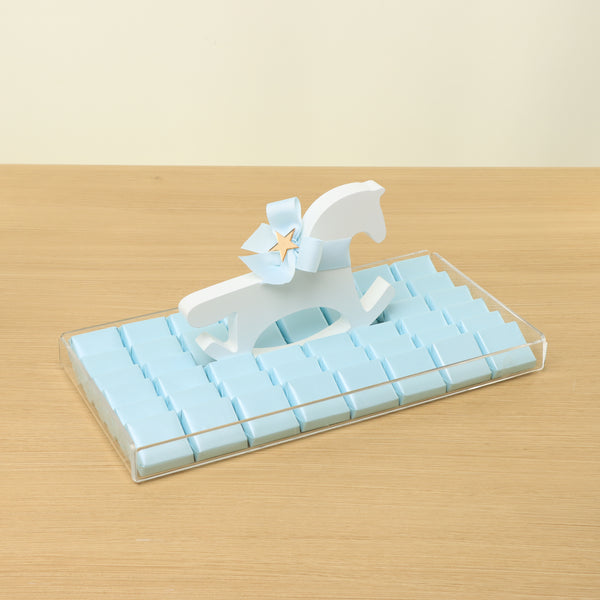 Baby boy chocolate medium acrylic tray with a wooden horse design