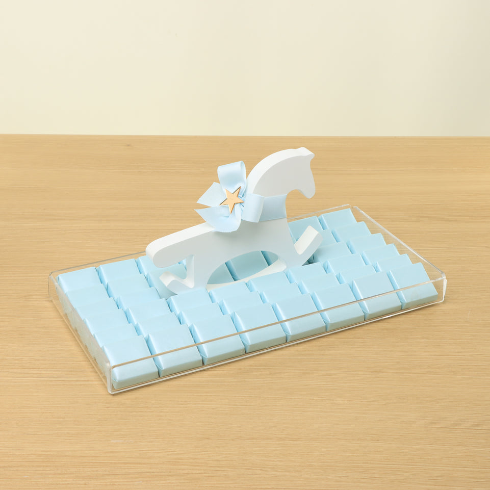 Baby boy chocolate medium acrylic tray with a wooden horse design