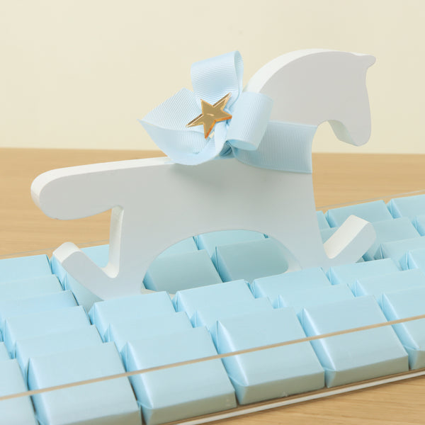 Baby boy chocolate medium acrylic tray with a wooden horse design