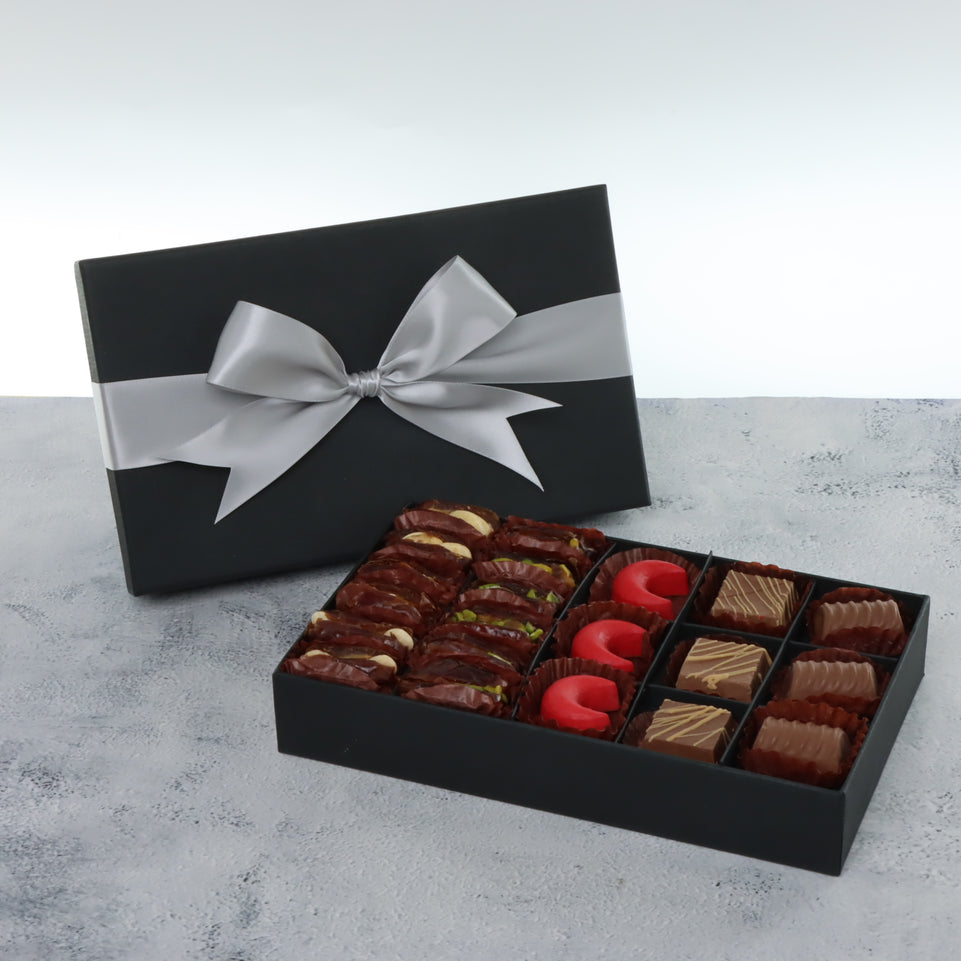 Premium chocolate & dates 15-pc black hard box with silver ribbon