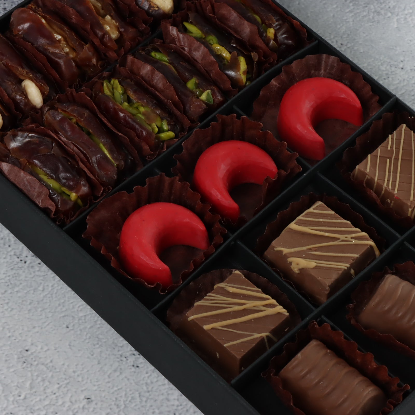 Premium chocolate & dates 15pc black hard box with silver ribbon
