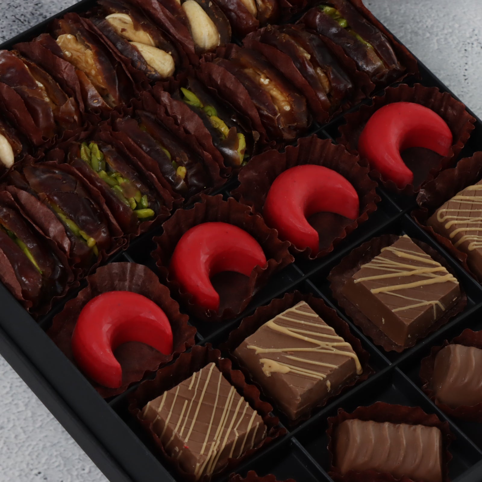 Premium chocolate & dates 20pc black hard box with silver ribbon