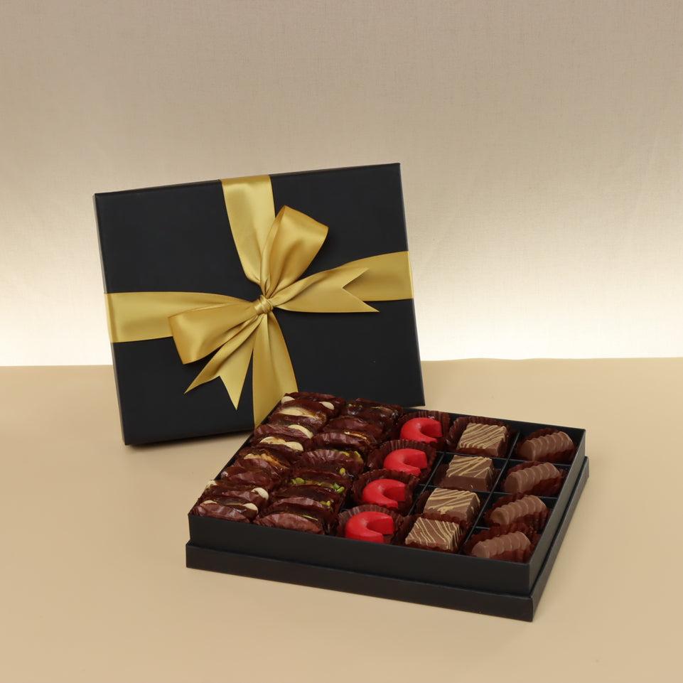 Premium chocolate & dates 20-pc black hard box with gold ribbon