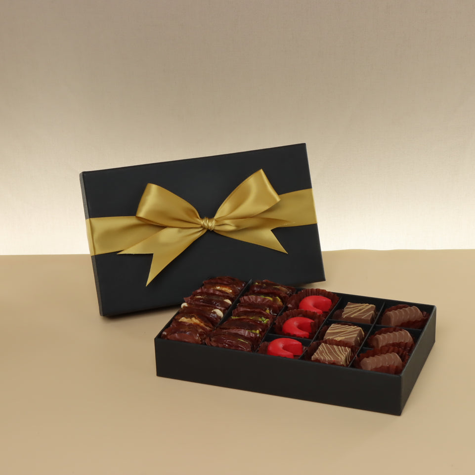 Premium chocolate & dates 15-pc black hard box with gold ribbon