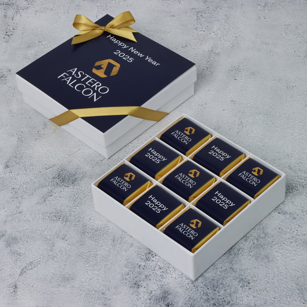 Set of 5 Corporate branded chocolate hard box with customized top card and ribbon