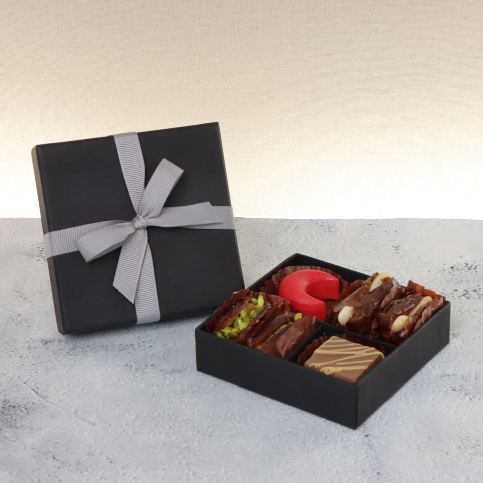 Premium chocolate & dates 4-pc black hard box with silver ribbon