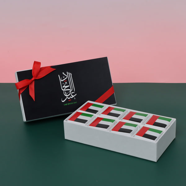 Set of 6 Arabic calligraphy national day flag designed premium chocolate 8 piece hard box