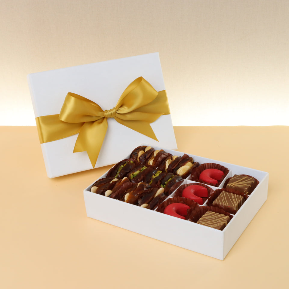 Premium chocolate & dates 12-pc hard box with gold ribbon