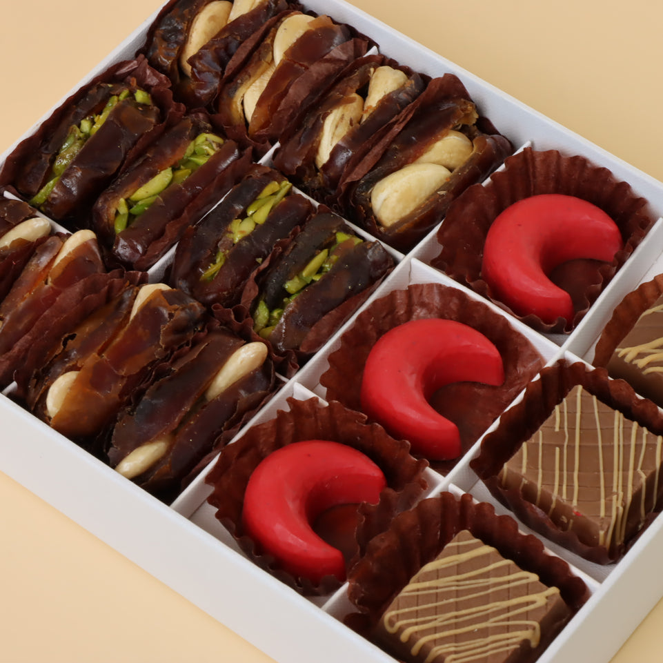 Premium chocolate & dates 12-pc hard box with gold ribbon