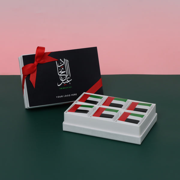 Set of 8 Arabic calligraphy national day with flag designed premium chocolate 6 piece hard box