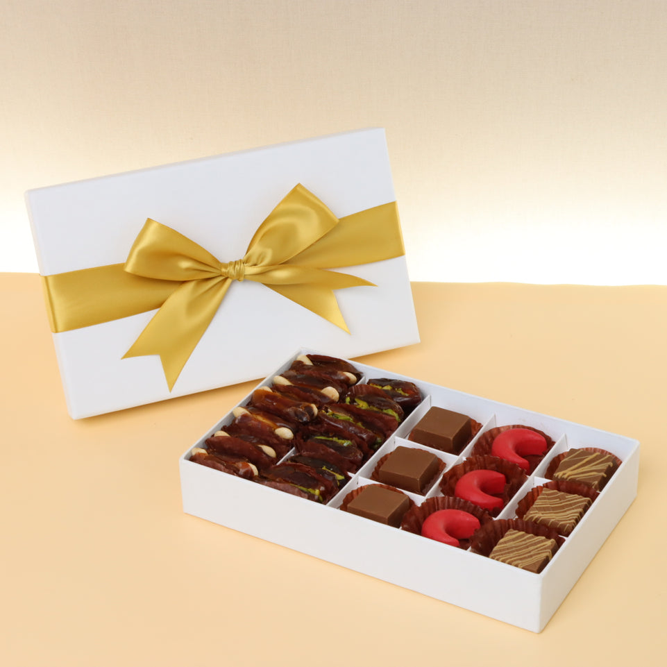 Premium chocolate & dates 15-pc hard box with gold ribbon