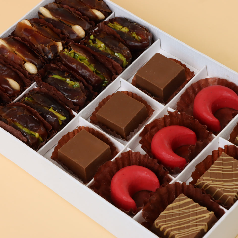 Premium chocolate & dates 15-pc hard box with gold ribbon