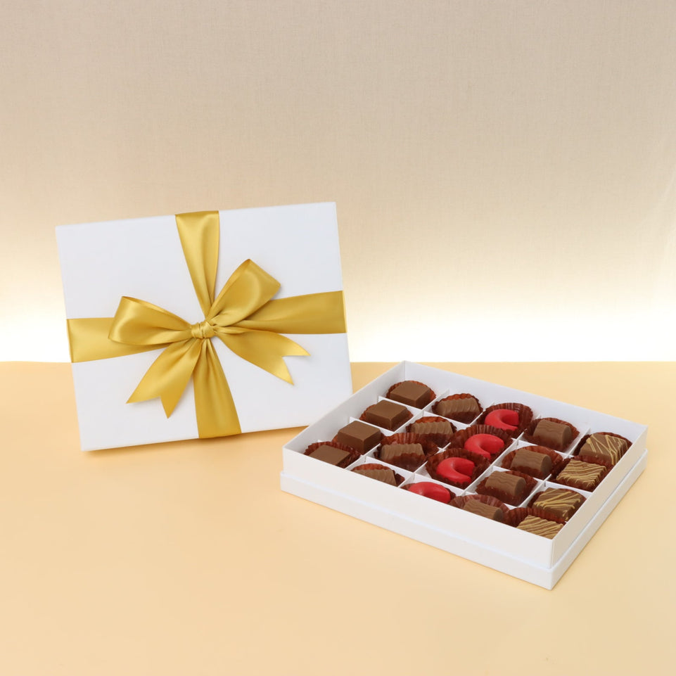 Premium chocolate 20pc white hard box with gold ribbon