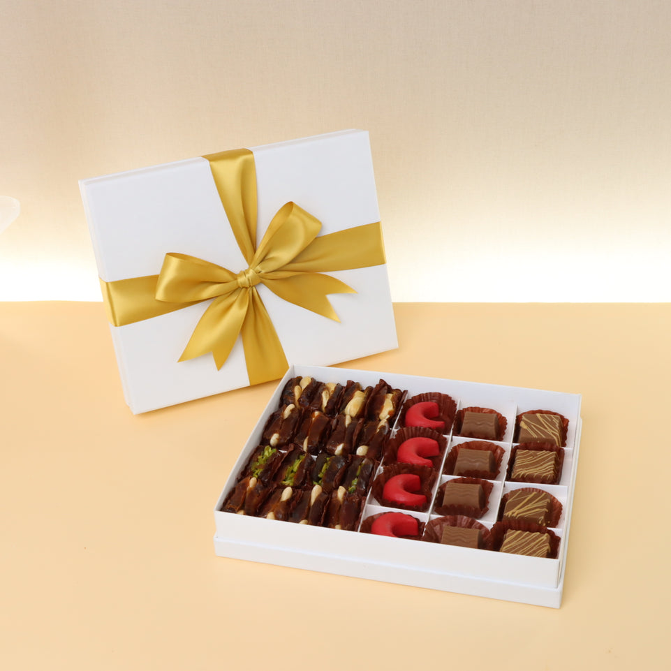 Premium chocolate & dates 20-pc hard box with gold ribbon